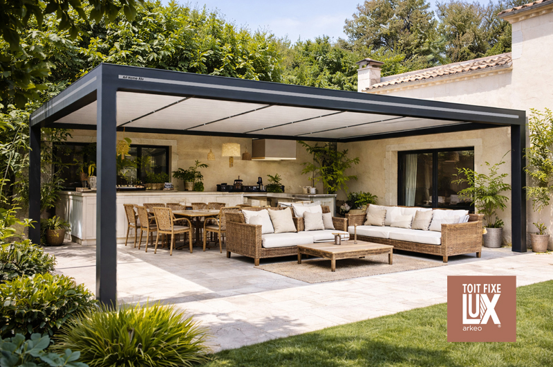 Pergola à toit fixe sur-mesure haute performance vendue et installée en Alsace par Art Pergolas Sélestat